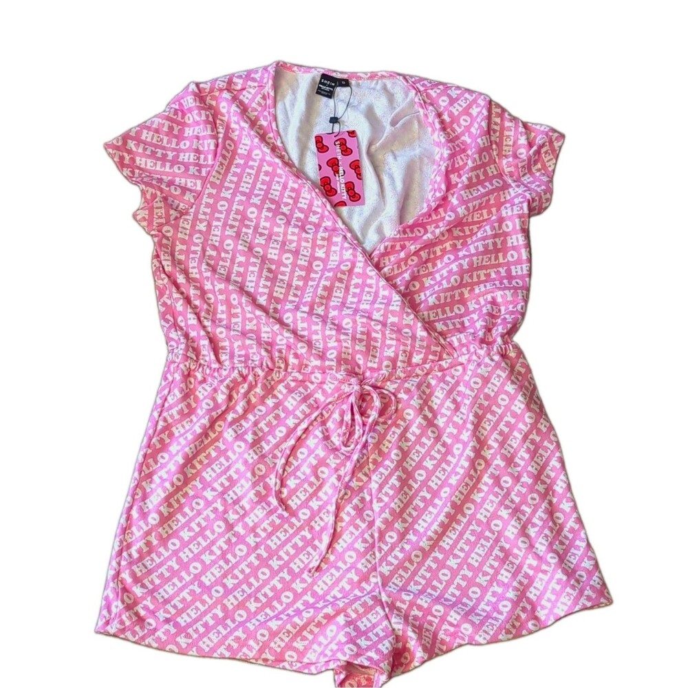 NWT SHEIN x Hello Kitty Pink/White Logo Wrap V-Neck Cap Sleeve Romper Size S